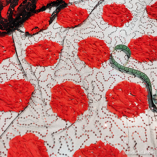 3D Flowers Sequin Embroidery on Net Black/Red