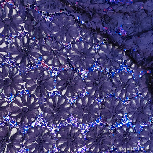 3D Open Flower and Sequin Embroidery on Net Purle Rain