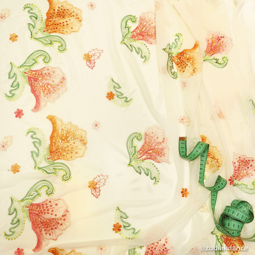 Graceful flower Sequin Embroidery on stretch net CA Mango/Vanilla 